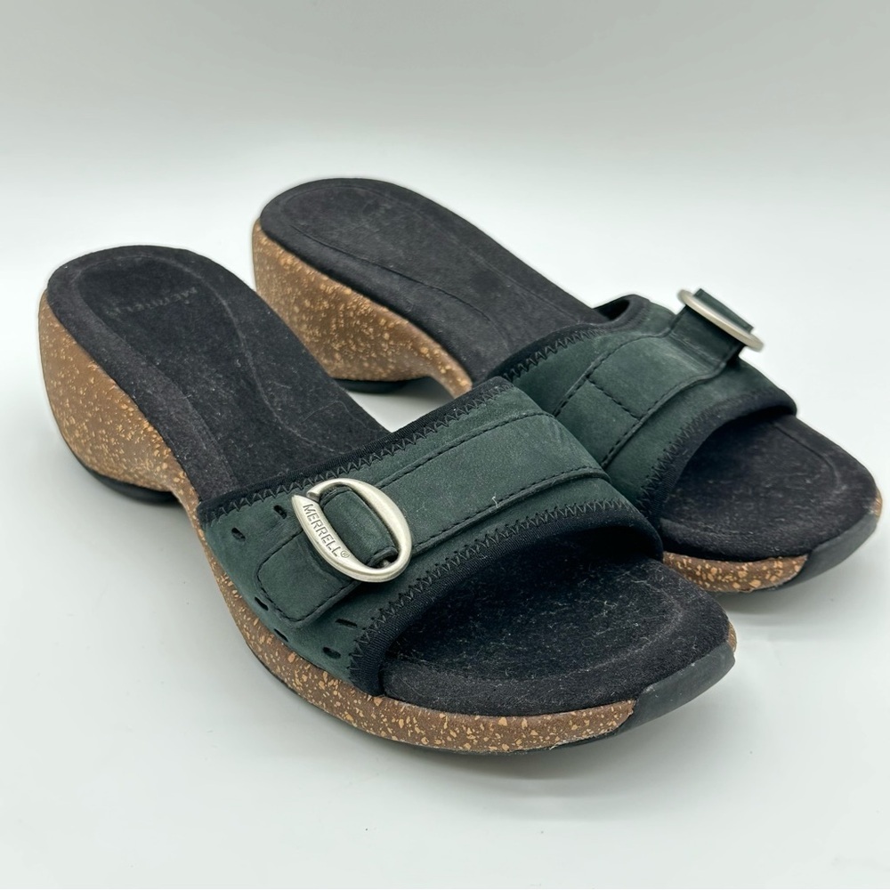 Merrell Sundial Black Leather Slide Cork Wedge Sandals
